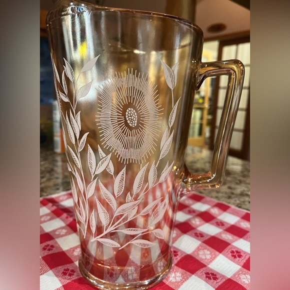 ✨Vintage Amber Glass Floral Etched Water Pitcher | 1930s Depression Style - Picture 3 of 7